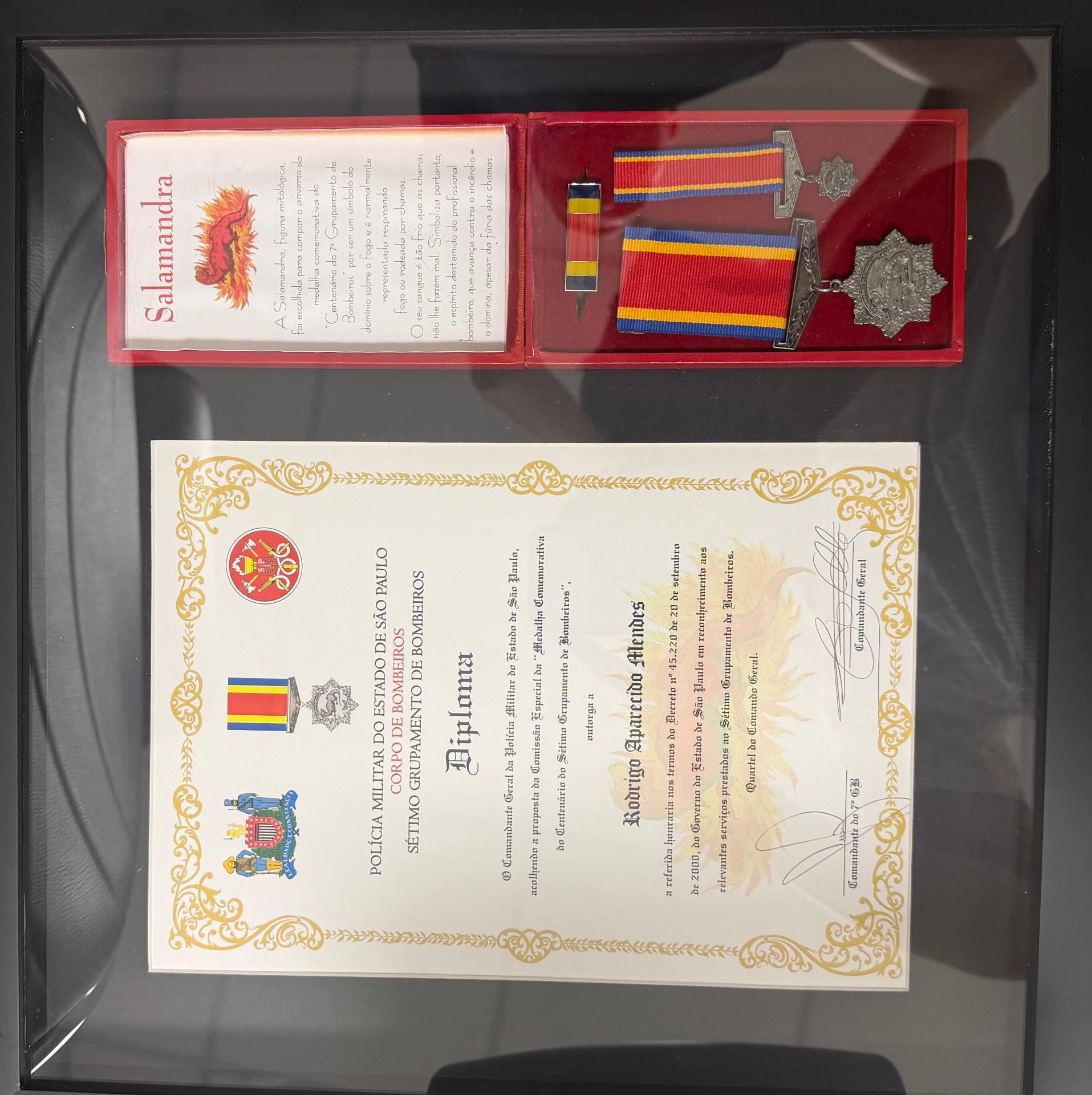Detalhe do diploma em nome de Rodrigo Aparecido Mendes ao lado das medalhas e do cartão Salamandra